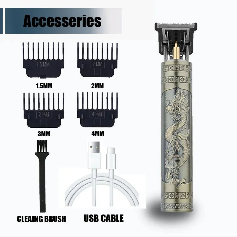 R.E.D. Shopping T9 Electric Hair Trimmer with USB, professional bald fade hair clipper, black and silver design, close-up view