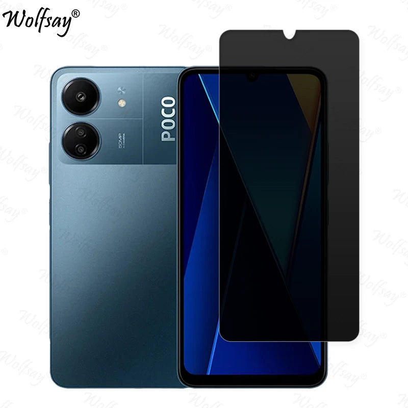 Xiaomi Poco C65 anti-spy privacy tempered glass screen protector on a mobile phone, enhancing privacy and protecting the screen.