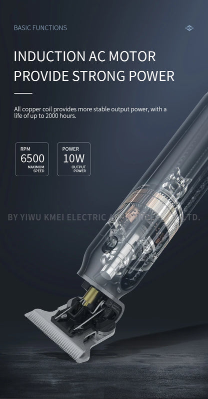 Kemei Professional Cordless Hair Trimmer with titanium blade for precise hair cutting, displayed with a sleek black handle.