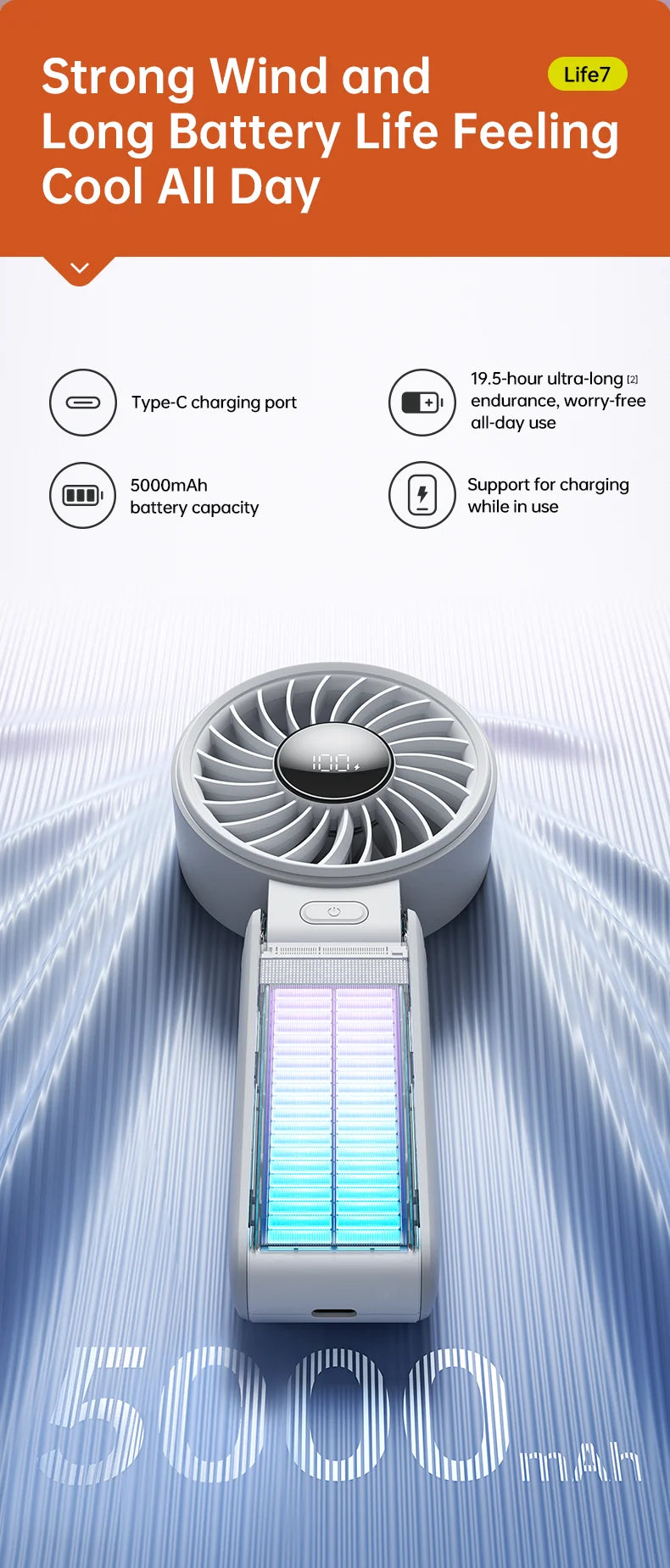 JISULIFE 3-in-1 Portable Handheld Fan – 5 Speeds, LED Display, 3600/5000mAh, Hand/Desk/Neck