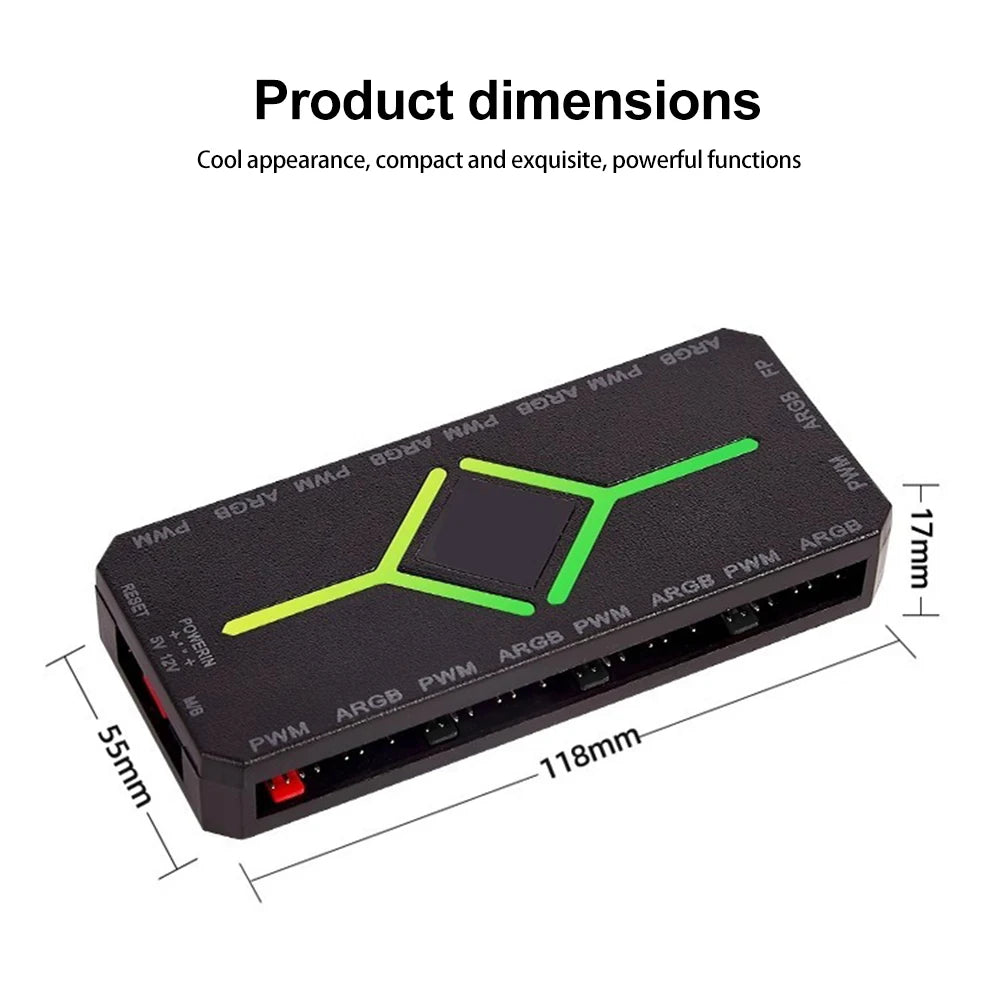 1-to-9 Port ARGB & PWM Fan Hub — Magnetic Mount, Remote Control, PC Case Fan Splitter