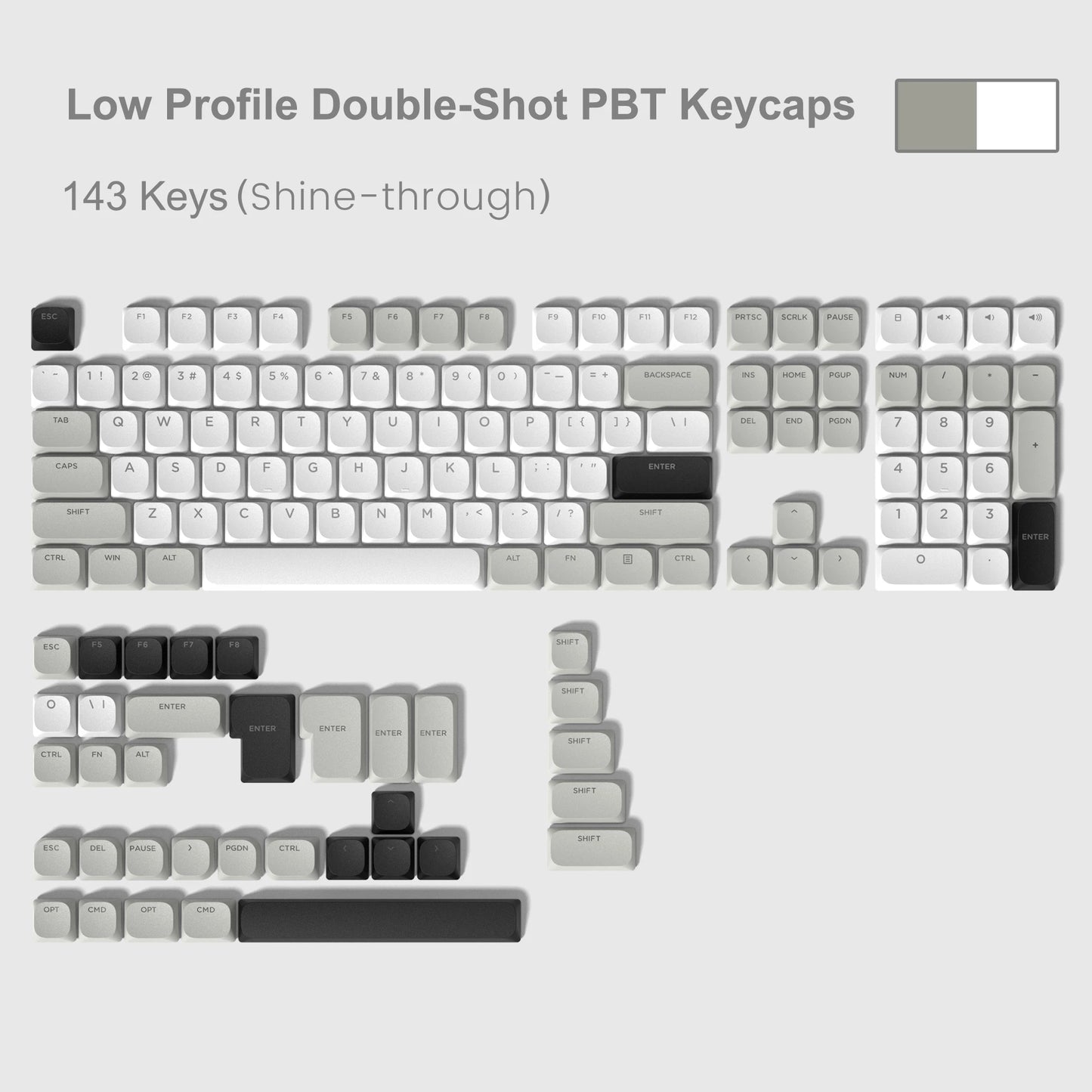 143 Key Low Profile PBT Keycaps – RGB Shine-Through, 60%/87/104, Cherry/Gateron MX