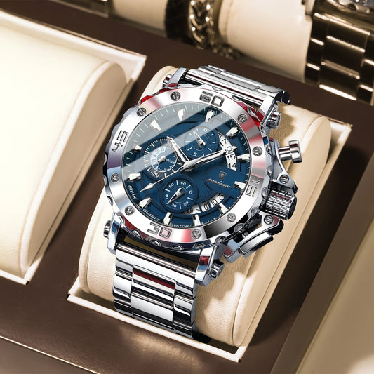 POEDAGAR Men's Luxury Chronograph Watch – Calendar, Luminous, Waterproof, Stainless Steel Quartz
