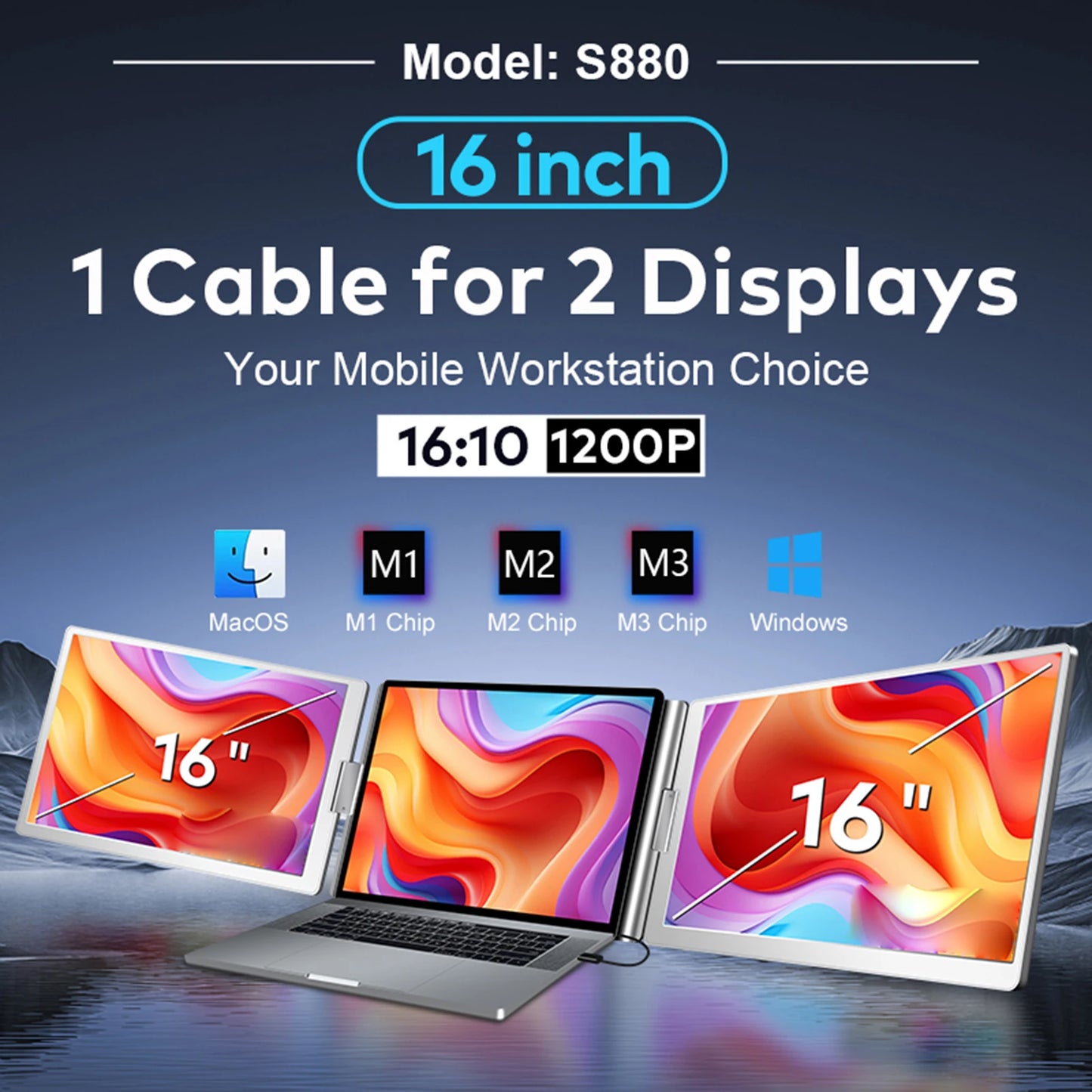 16" Laptop Screen Extender – FHD Triple Monitor for 12-18.5" Laptops