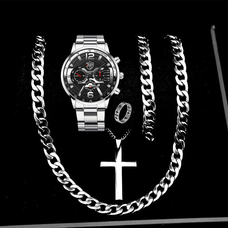 DEYROS 5-piece men's watch and jewelry gift set by R.E.D. Shopping featuring a quartz calendar watch, necklace, and bracelet.