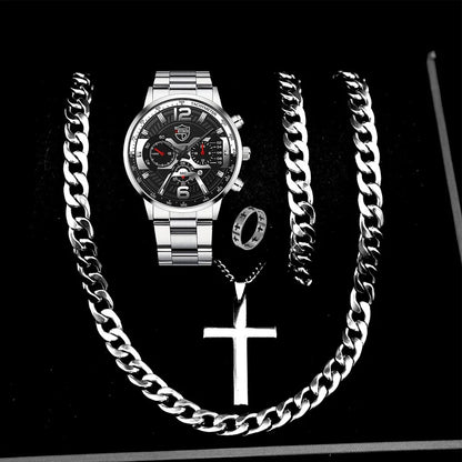 DEYROS 5-piece men's watch and jewelry gift set by R.E.D. Shopping featuring a quartz calendar watch, necklace, and bracelet.