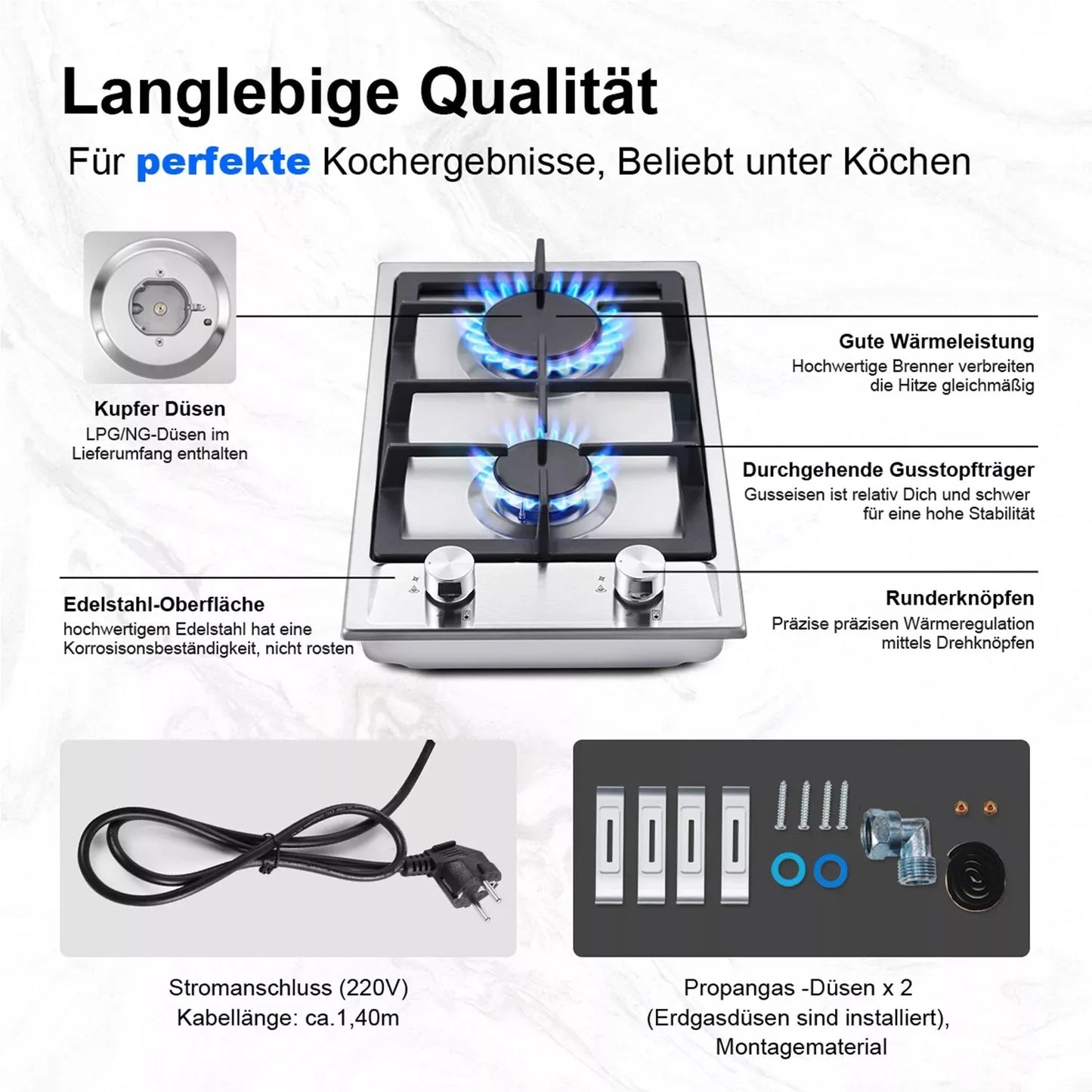 TopStrong 2-Burner Gas Hob | NG & LPG | Auto Flame Protection | Built-in | EU
