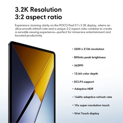 POCO Pad X1 Global – 11.2" 3.2K 144Hz, Snapdragon 7+ Gen 3, 8GB+512GB, 8850mAh, 45W