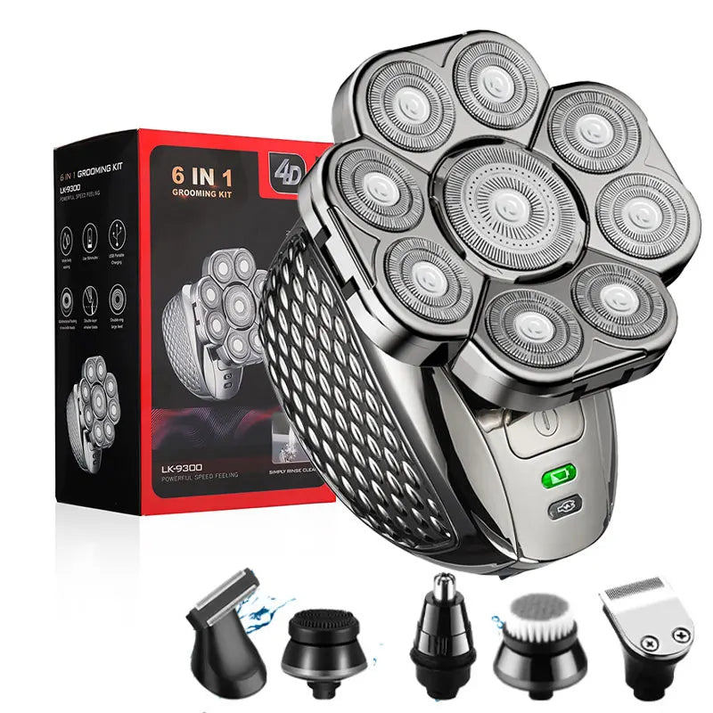 Men's Bald Head Shaver 6-in-1 | 9 Floating Blades | Beard, Nose & Ear Trimmer | Rechargeable