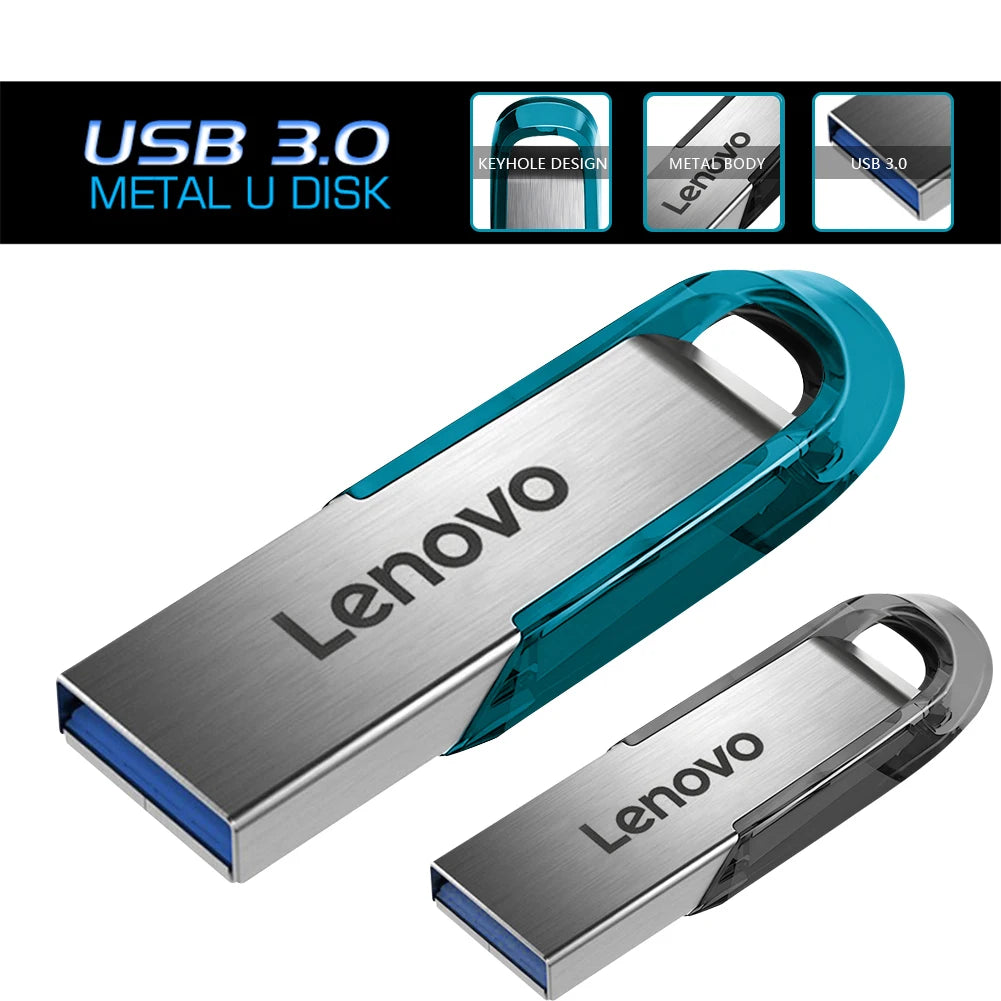 Lenovo high-speed USB 3.0 flash drive with up to 2TB capacity, waterproof metal design, suitable for computer data storage.