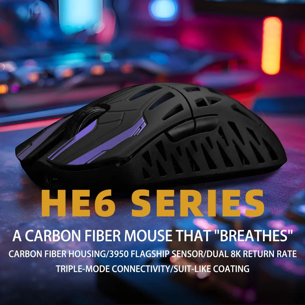 IROK HE6 Ultra Wireless Gaming Mouse – 30000 DPI, Carbon Fiber, PAW3950, Dual Mode, E-Sports