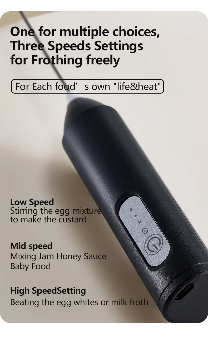 Cordless Electric Milk Frother | USB Rechargeable | 3 Speeds | Handheld Foam Maker | Coffee Cappuccino Whisk