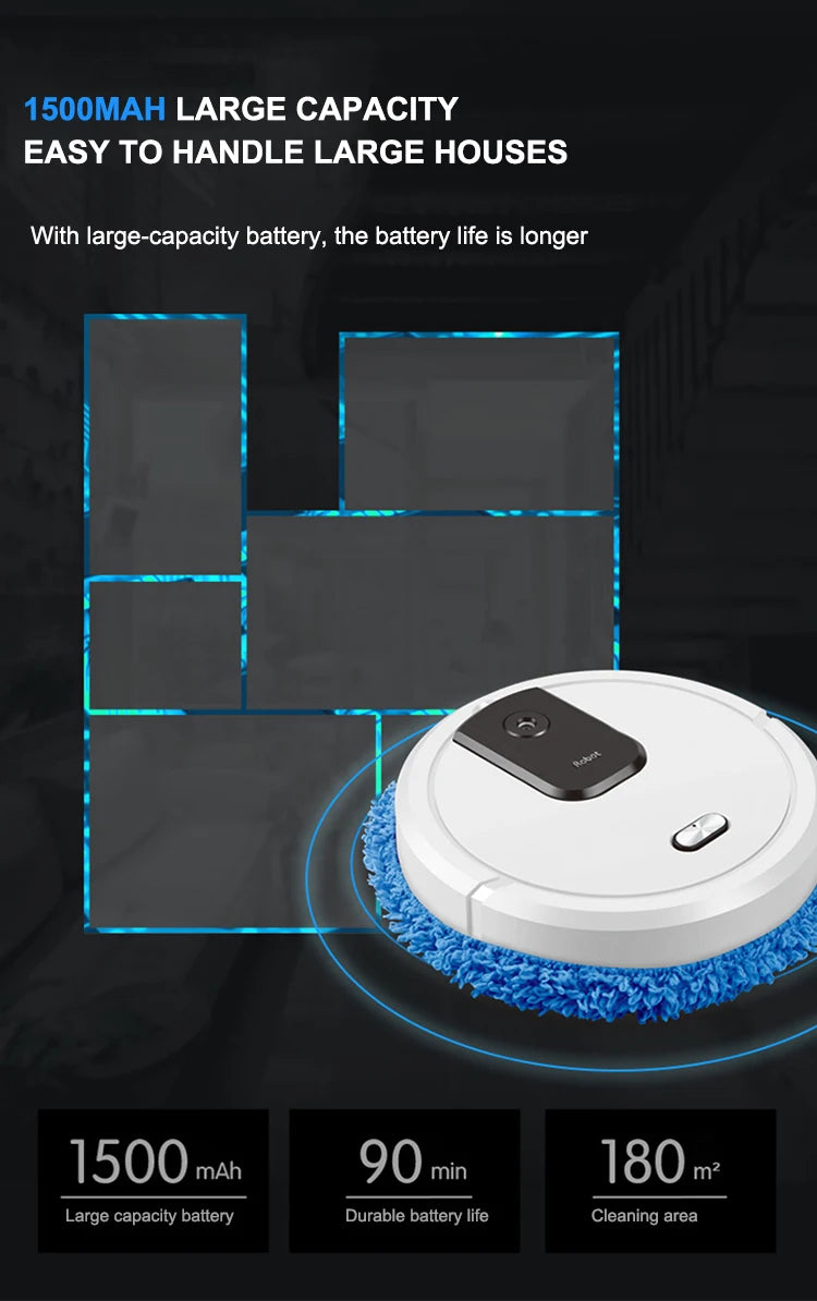 R.E.D. Shopping smart sweeping and mop robot with humidifying spray cleaning a hardwood floor in a modern home.