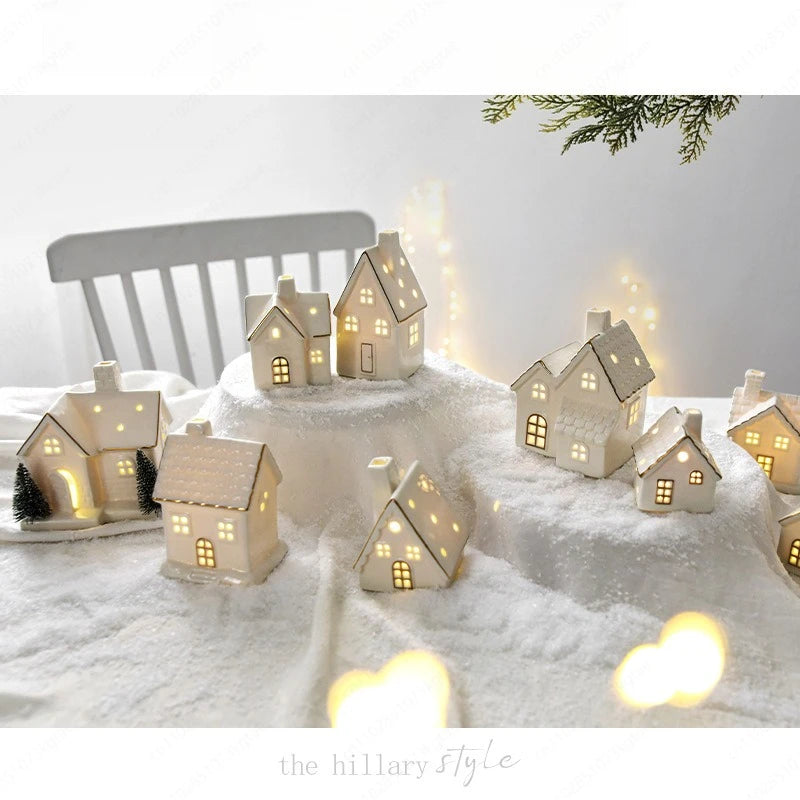 Christmas luminous snow house ceramic ornament with LED lighting, tabletop holiday decor by R.E.D. Shopping.