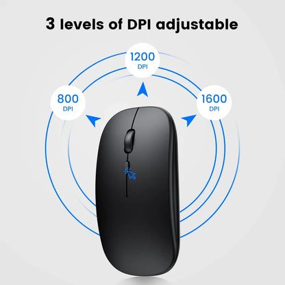 Rechargeable wireless Bluetooth ergonomic mini computer mouse with silent buttons and optical tracking for PC use.