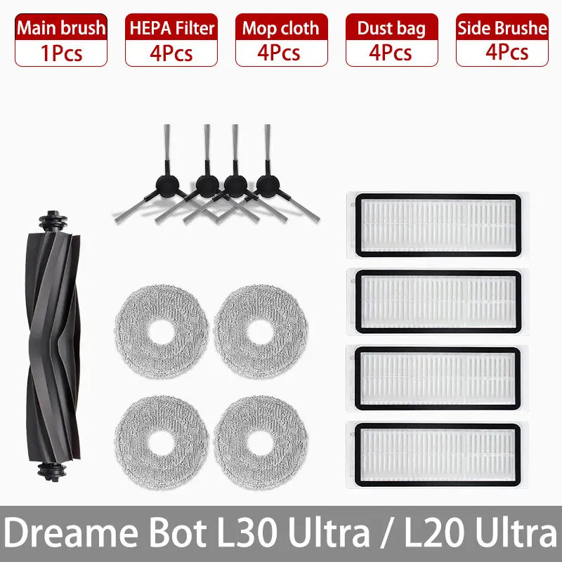 Dreame Bot L30 Ultra / L20 Ultra Replacement Parts | Main Brush, Side Brush, HEPA Filter, Mop, Dust Bag