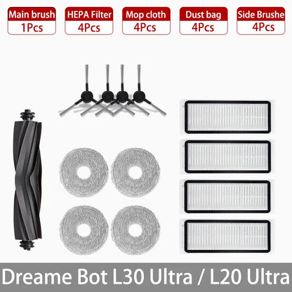 Dreame Bot L30 Ultra / L20 Ultra Replacement Parts | Main Brush, Side Brush, HEPA Filter, Mop, Dust Bag