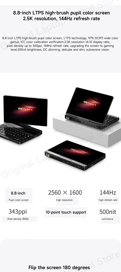 GPD Pocket 4 Mini Laptop – 8.8" 2.5K 144Hz, AMD Ryzen 7 8840U / AI 9 HX 370, Up to 32GB RAM