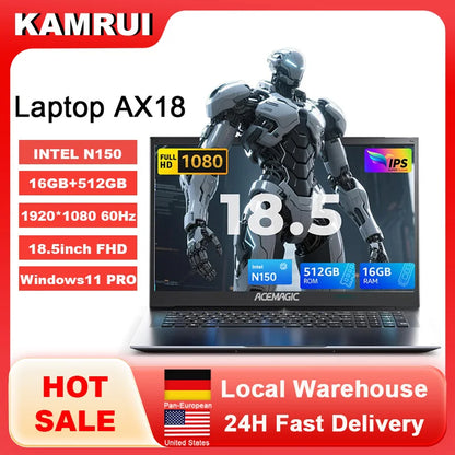 KAMRUI 18.5" Laptop — Intel N150 Quad-Core, 16GB DDR4, 512GB M.2 SSD, 8000mAh Battery, Windows 11 Pro