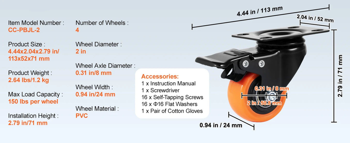 SucceBuy Swivel Plate Casters Set of 4 – 2–6 inch, Dual Locking PVC Wheels