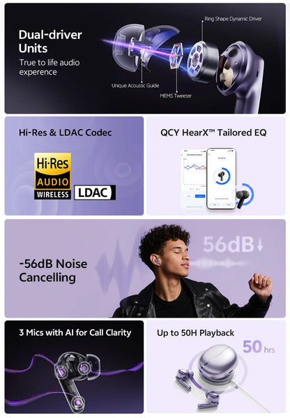 QCY MeloBuds N70 Wireless Earbuds – ANC, Bluetooth 6.0, LDAC, 50H, IPX5