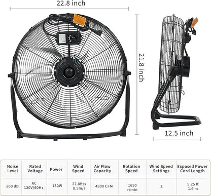 Heavy Duty Industrial Floor Fan 12–20" – 3 Speeds, 4800 CFM, 360° Tilt, High Velocity