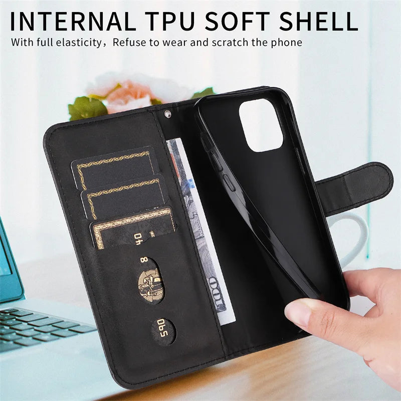 Leather iPhone 16 Plus zipper wallet case with card slots and magnetic stand, featuring a sleek design and protective cover.