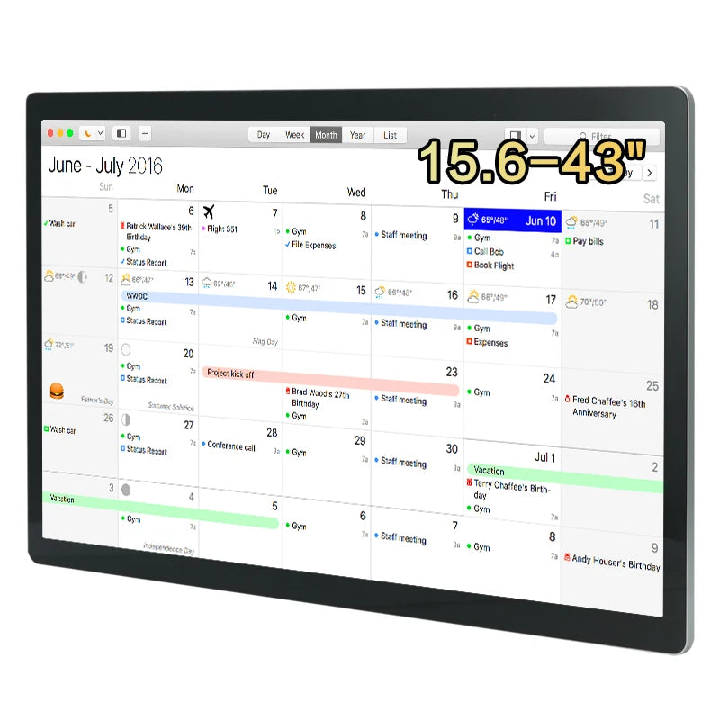 TouchWo 15.6" to 43" smart digital calendar and chore chart by R.E.D. Shopping, interactive family organizer display on a monitor.