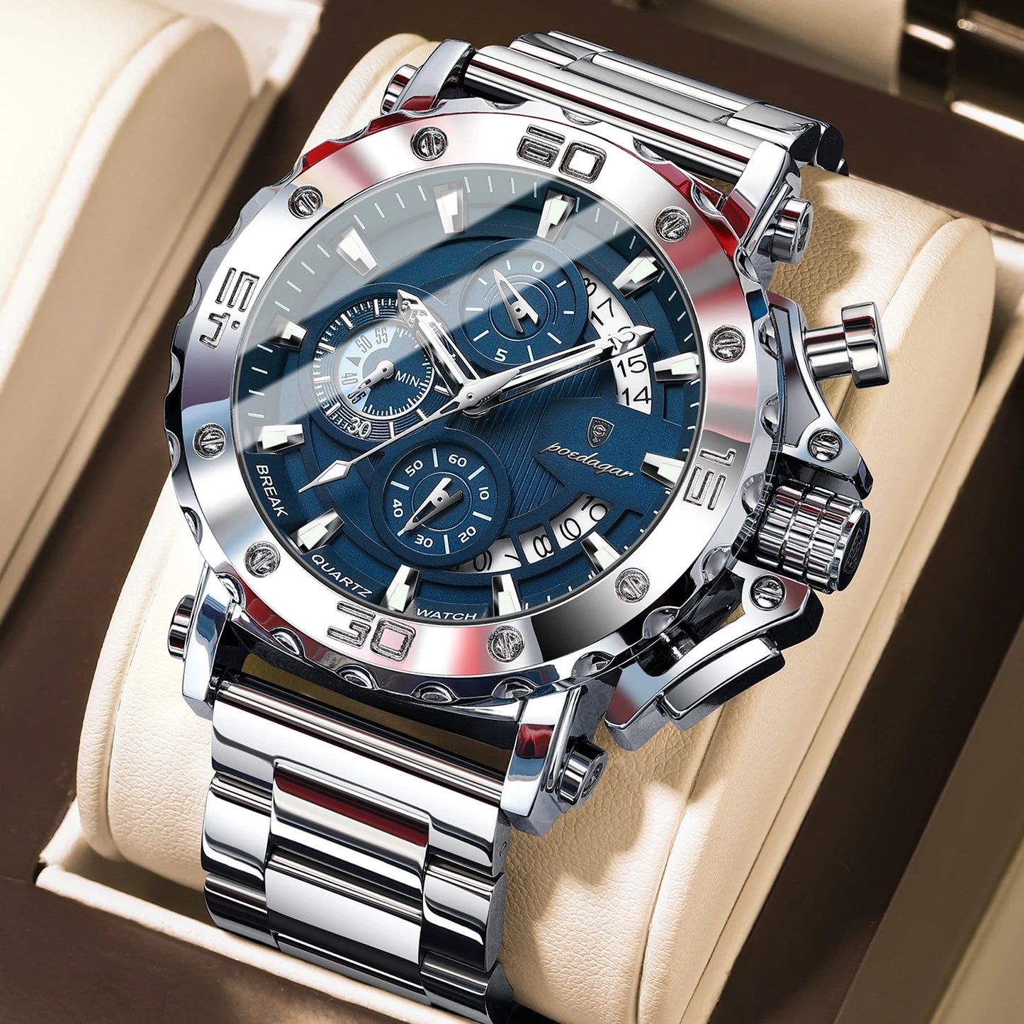 POEDAGAR Men's Luxury Chronograph Watch – Calendar, Luminous, Waterproof, Stainless Steel Quartz