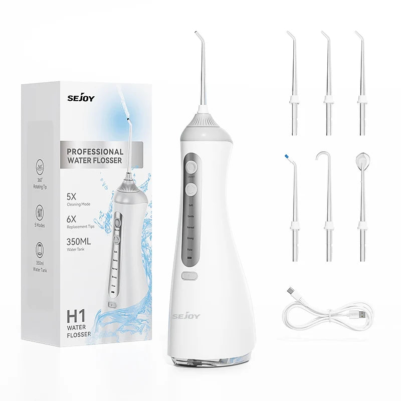 Sejoy Electric Water Dental Flosser – 350ml, 6 Modes, IPX7, 4 Nozzles, Cordless