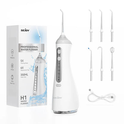 Sejoy Electric Water Dental Flosser – 350ml, 6 Modes, IPX7, 4 Nozzles, Cordless