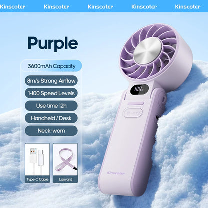KINSCOTER Foldable Handheld Fan – 3600mAh, 100-Speed, Ice Cooling