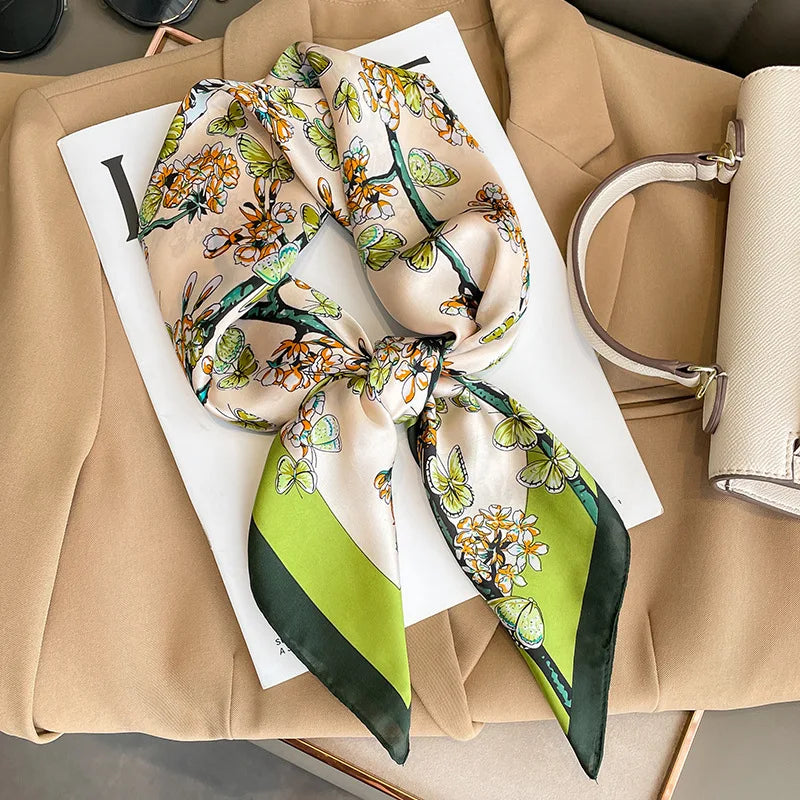 R.E.D. Shopping fashion square silk scarf used as a women's hairband and neck shawl, featuring vibrant silk fabric design.