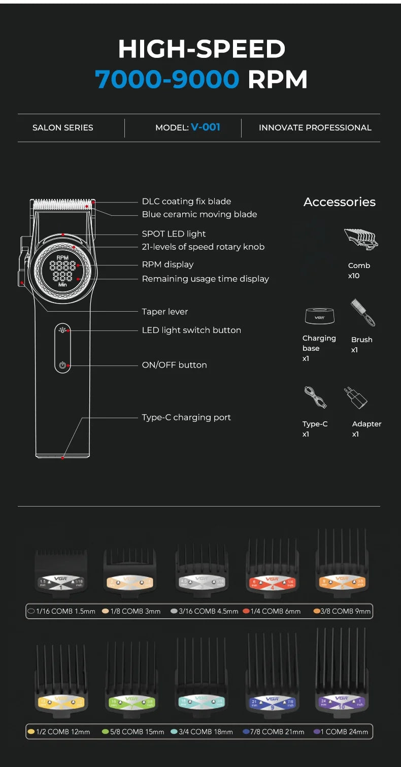 VGR V-001 Professional Hair Clipper – 9000RPM, 21-Speed, DLC Blades, 300min, USB