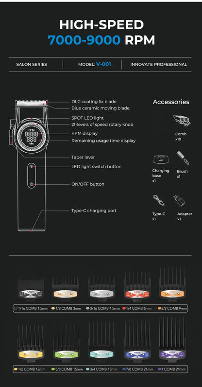 VGR V-001 Professional Hair Clipper – 9000RPM, 21-Speed, DLC Blades, 300min, USB