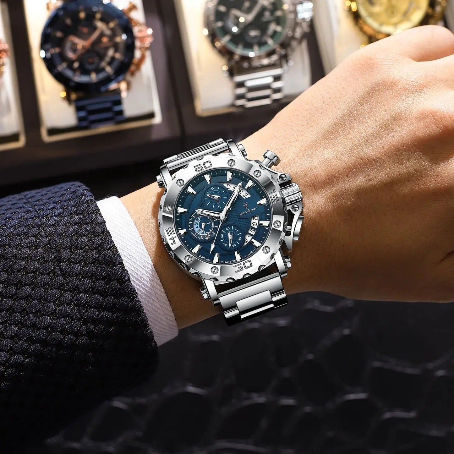 POEDAGAR Men's Luxury Chronograph Watch – Calendar, Luminous, Waterproof, Stainless Steel Quartz
