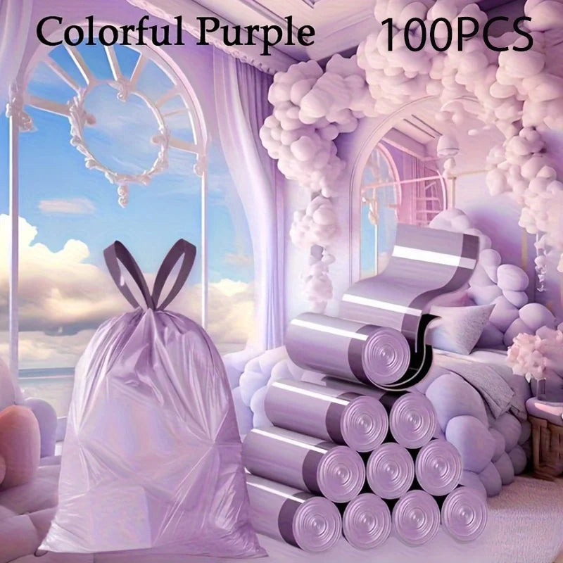 Purple Drawstring Trash Bags 100-Pack | 8L Thick Leak-Proof Garbage Bags