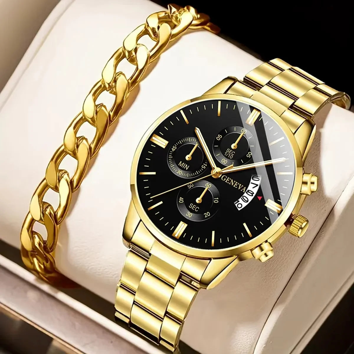 Men’s luxury stainless steel quartz wristwatch with calendar feature, stylish business accessory by R.E.D. Shopping.