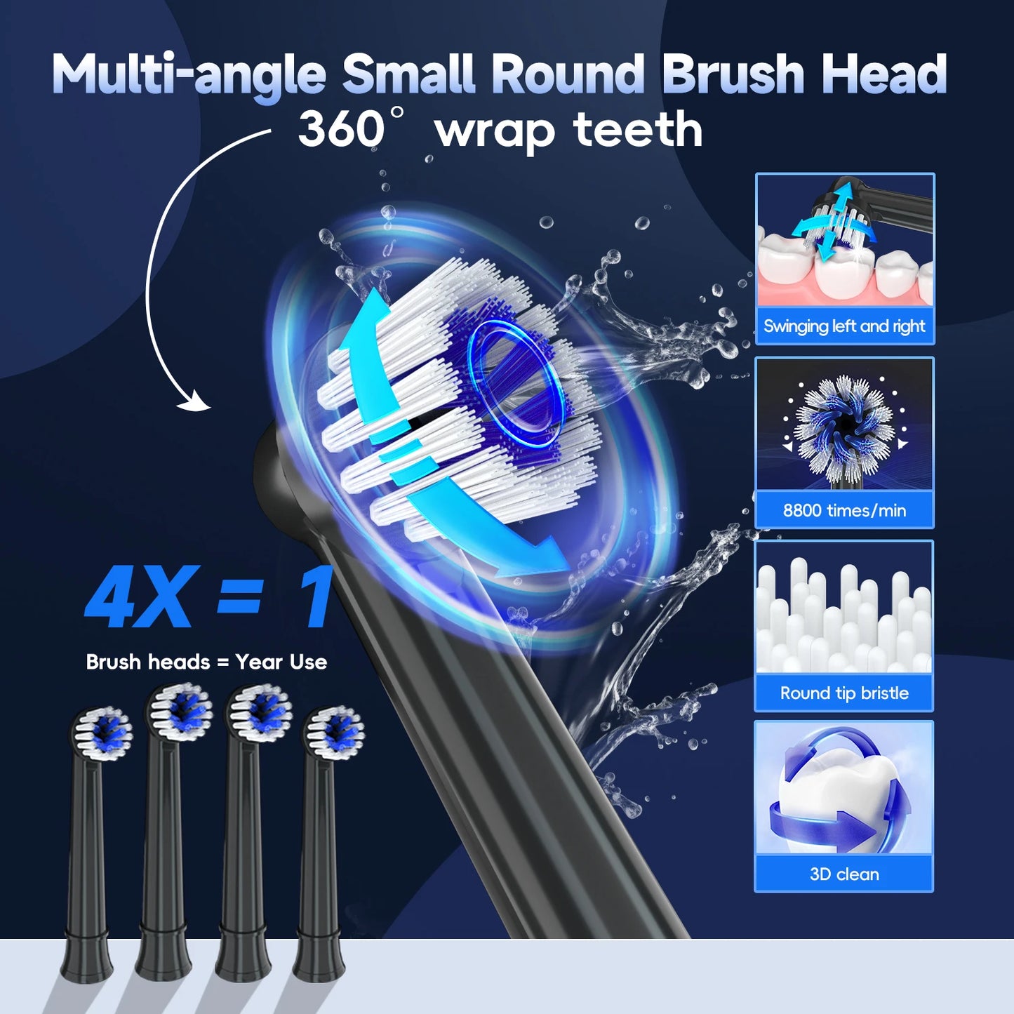 Electric Toothbrush T37 Sonic – 3 Modes, Rotation Clean with 4 Replacement Heads
