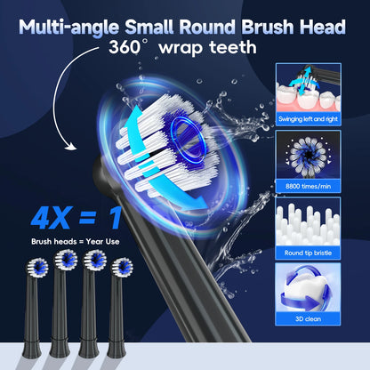 Electric Toothbrush T37 Sonic – 3 Modes, Rotation Clean with 4 Replacement Heads