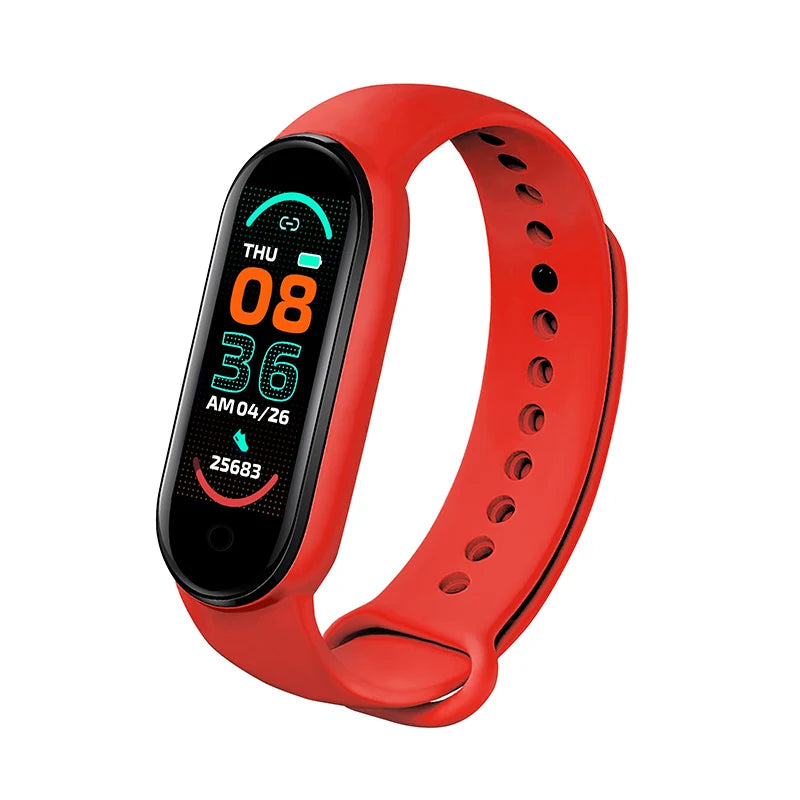 R.E.D. Shopping M6 Smart Fitness Bracelet displaying heart rate monitor and sleep tracking features, waterproof design, black band.