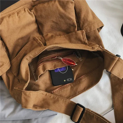 Large Canvas Messenger Bag - Multi-Pocket Hip Hop Style Shoulder Bag