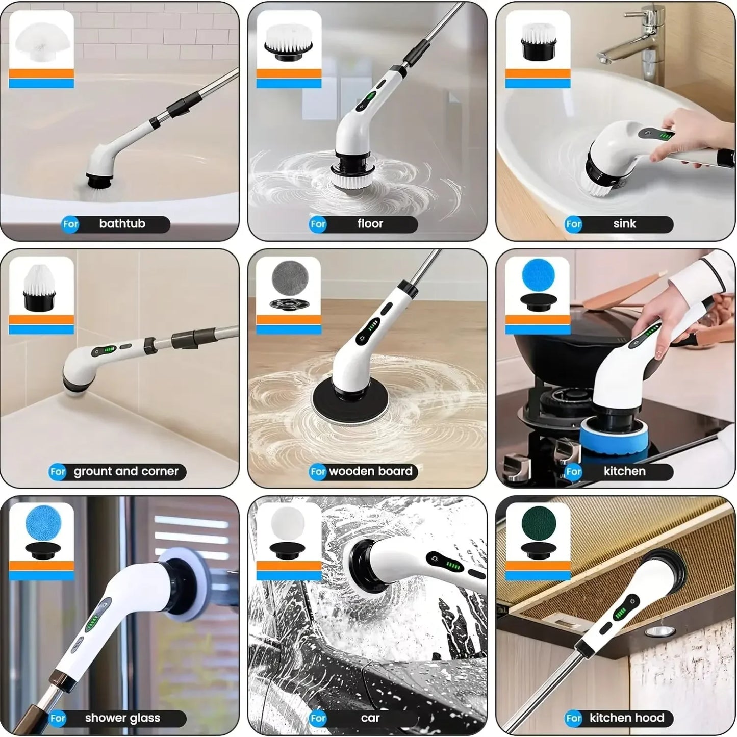 Cordless electric spin scrubber by R.E.D. Shopping with 9-in-1 multipurpose cleaning brush and LED light for efficient home cleaning.