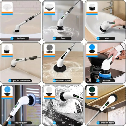 Cordless electric spin scrubber by R.E.D. Shopping with 9-in-1 multipurpose cleaning brush and LED light for efficient home cleaning.