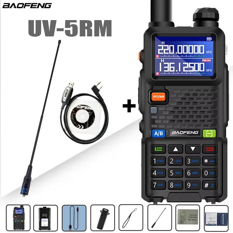 Baofeng UV-5RM walkie talkie with four-band radio, large 3800mAh battery and 999 channels, in black and compact design