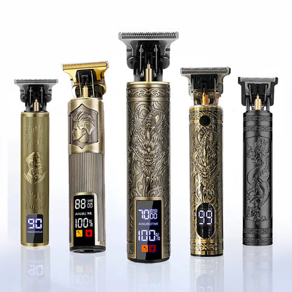 R.E.D. Shopping T9 Electric Hair Trimmer with USB, black professional bald fade hair clipper, close-up of the trimmer blade and body.