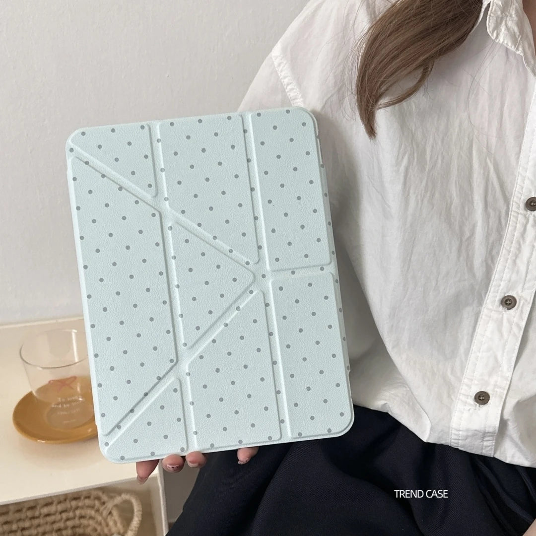 Polka dots iPad case with pencil holder designed for iPad Air, Pro, and 9th-11th gen, featuring a stylish pattern and protective cover.
