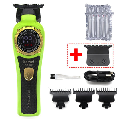 Kemei KM-999 Professional Hair Trimmer – DLC T-Blade, Zero Gap, LED Display, Cordless USB Clipper