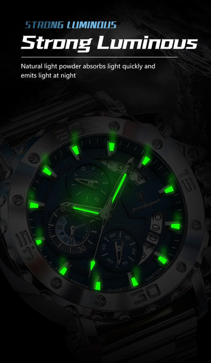 POEDAGAR Men's Luxury Chronograph Watch – Calendar, Luminous, Waterproof, Stainless Steel Quartz