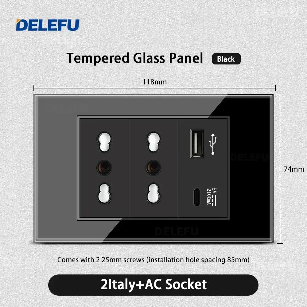 DELEFU Black Tempered Glass Wall Socket – USB Type-C Fast Charging Schuko & Italy